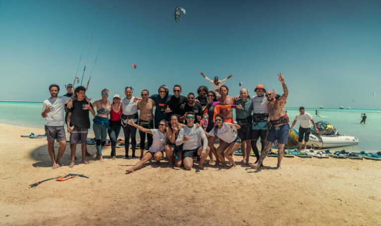 Kiteboarding Ways kite safari group in El Gouna Red Sea, riders enjoying kitesurf adventure together